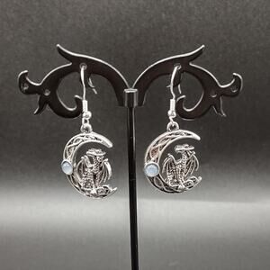 925 Sterling Silver Hooked Earrings Dragon Moon Moonstone Celtic BOHO Gift NEW!
